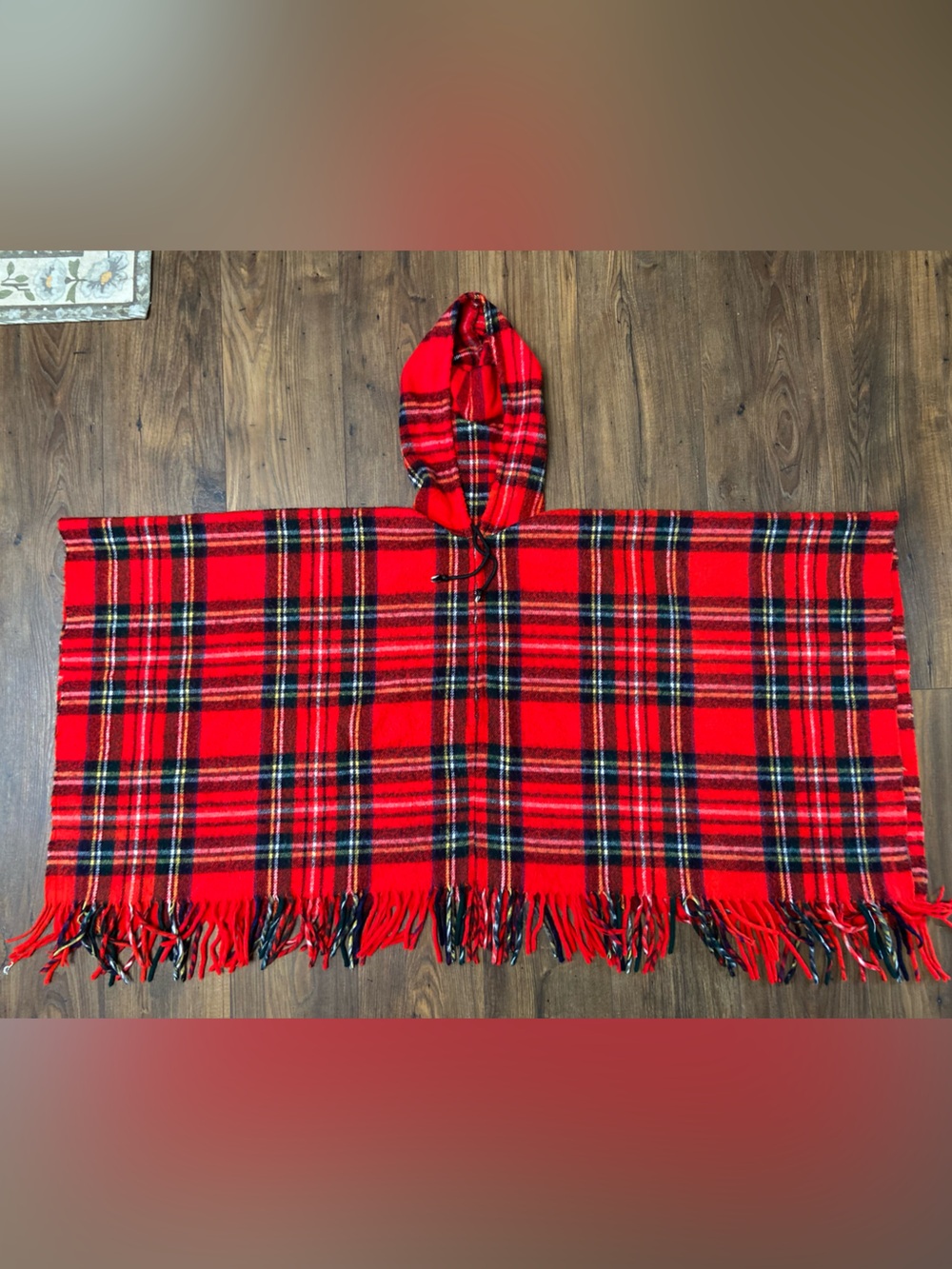 VTG Mid Century Hooded Tartan Pullover Poncho Plaid Cozy Fringe Fall Cottagecore